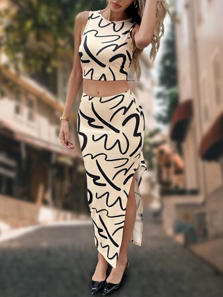 Elegant Sleeveless Tank Top Slant Split Long Skirt 2 Piece Set Street Wear