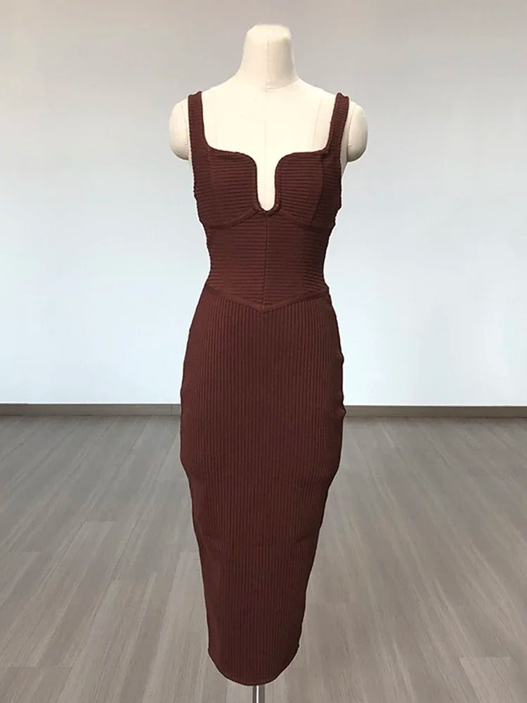 Elegant Sleeveless V-Neck Bandage Knitting Bodycon Midi Dress