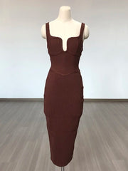 Elegant Sleeveless V-Neck Bandage Knitting Bodycon Midi Dress
