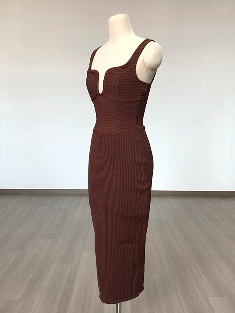 Elegant Sleeveless V-Neck Bandage Knitting Bodycon Midi Dress