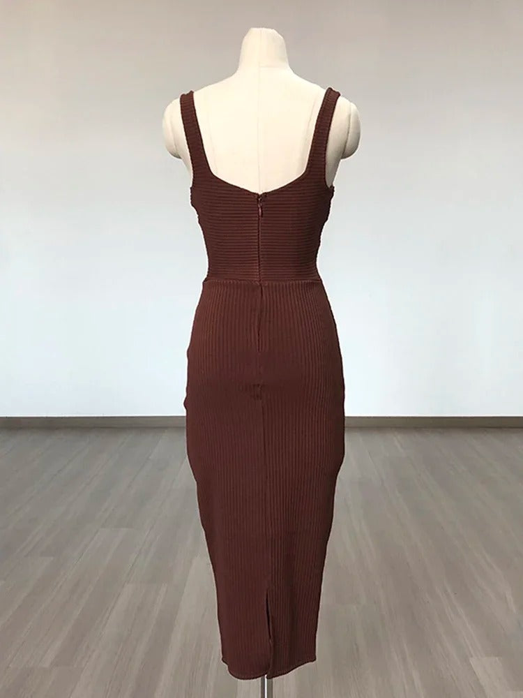Elegant Sleeveless V-Neck Bandage Knitting Bodycon Midi Dress