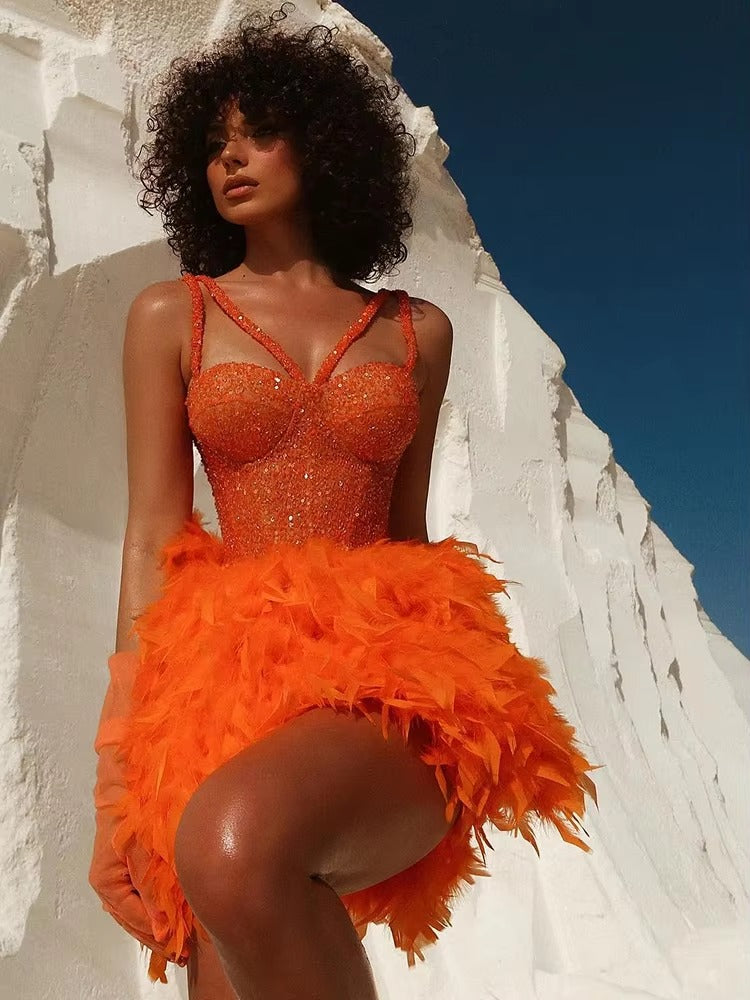 Elegant Sleeveless V-Neck Glitter Sequin Feather Mini Dress