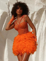 Elegant Sleeveless V-Neck Glitter Sequin Feather Mini Dress