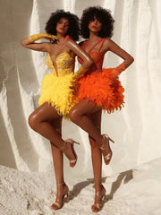 Elegant Sleeveless V-Neck Glitter Sequin Feather Mini Dress