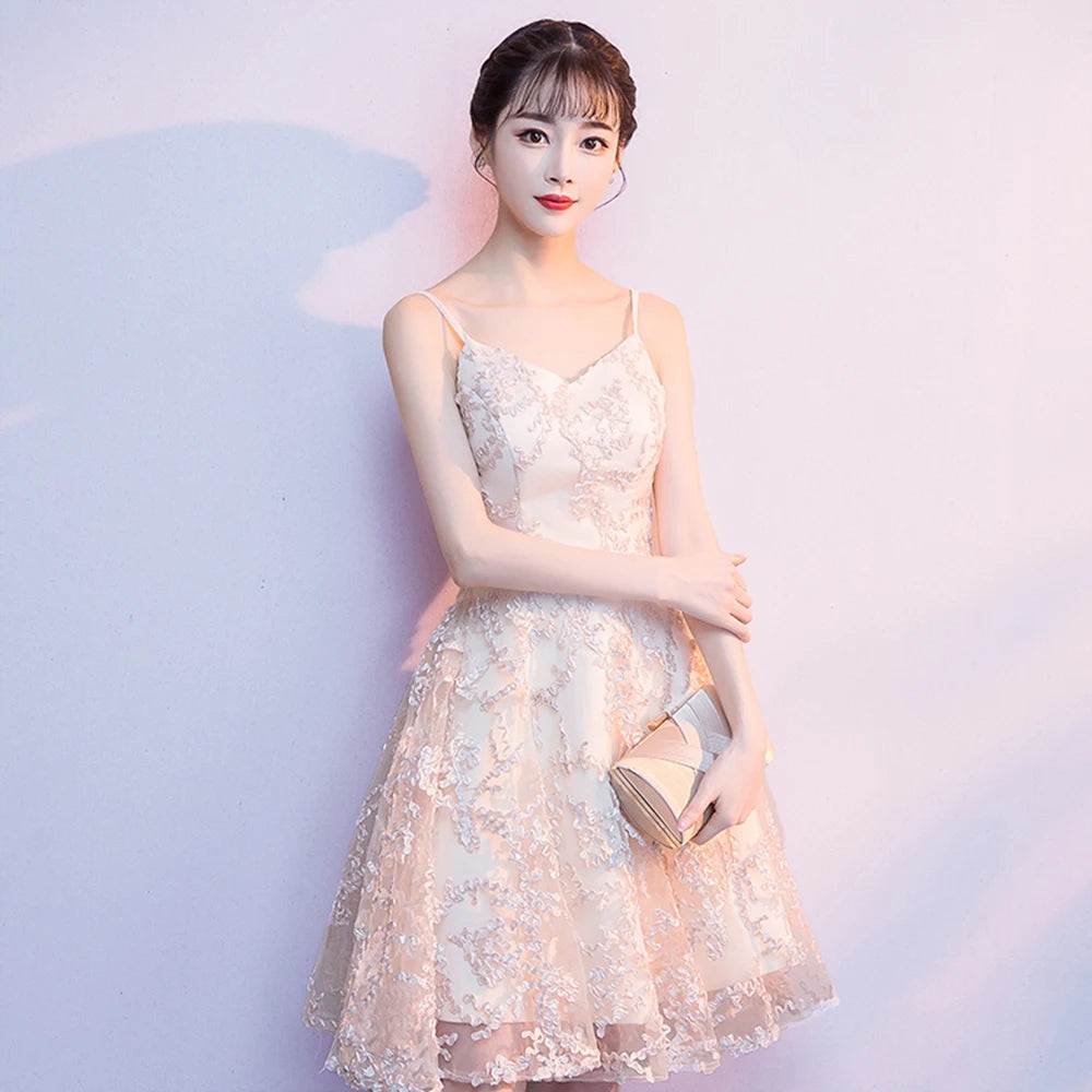 Elegant Sleeveless V-Neck Spaghetti Strap A-LINE Backless Graduation Mini Dress