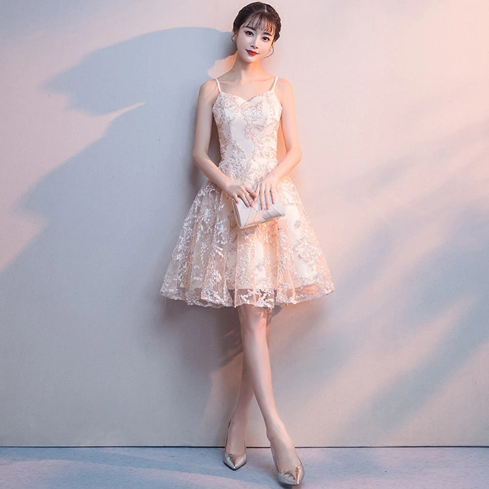 Elegant Sleeveless V-Neck Spaghetti Strap A-LINE Backless Graduation Mini Dress