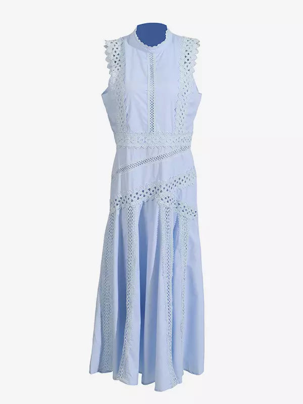Elegant Sleeveless With Lace Eyelet Detail Resort Wear Long Dress