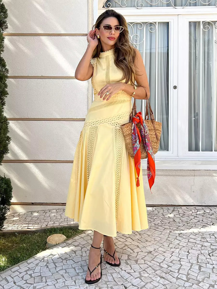 Elegant Sleeveless With Lace Eyelet Detail Resort Wear Long Dress
