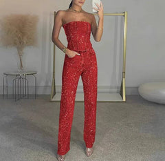 Elegant Sleeveless Zipper Tube Top High Waist Straight Pants 2 Piece Sets