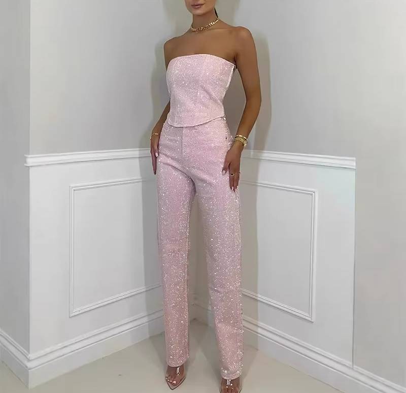 Elegant Sleeveless Zipper Tube Top High Waist Straight Pants 2 Piece Sets