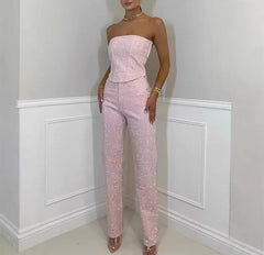 Elegant Sleeveless Zipper Tube Top High Waist Straight Pants 2 Piece Sets