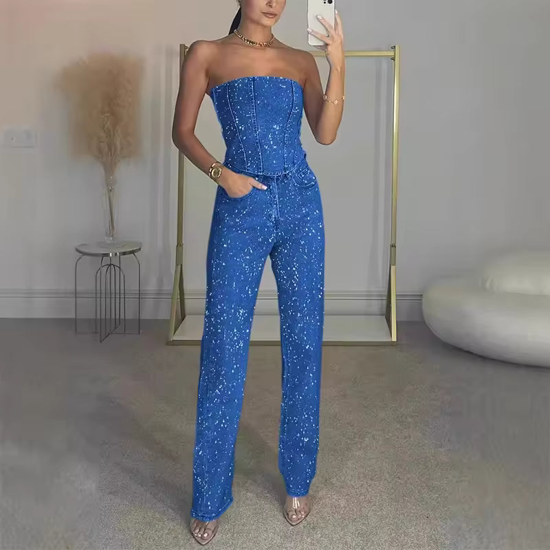 Elegant Sleeveless Zipper Tube Top High Waist Straight Pants 2 Piece Sets