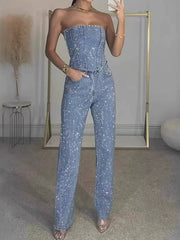 Elegant Sleeveless Zipper Tube Top High Waist Straight Pants 2 Piece Sets