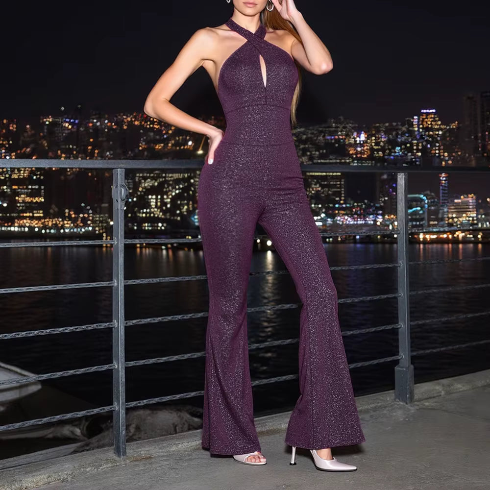 Elegant Slim Cut-Out Sleeveless Halter Neck Straight Full Length Jumpsuits