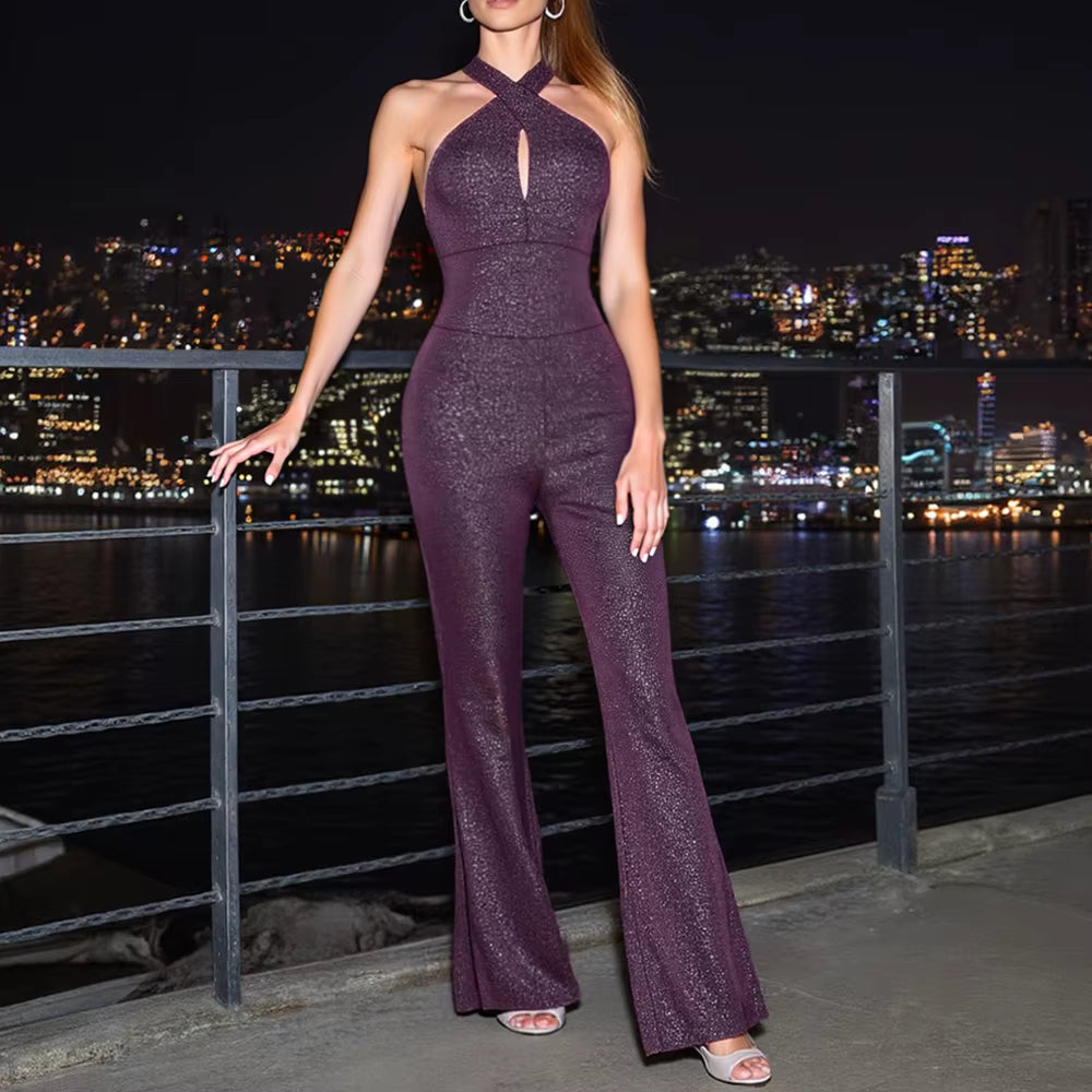 Elegant Slim Cut-Out Sleeveless Halter Neck Straight Full Length Jumpsuits