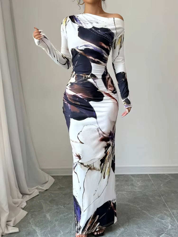 Elegant Slim Fit Printed Slanted Shoulder Long Sleeved Maxi Dress
