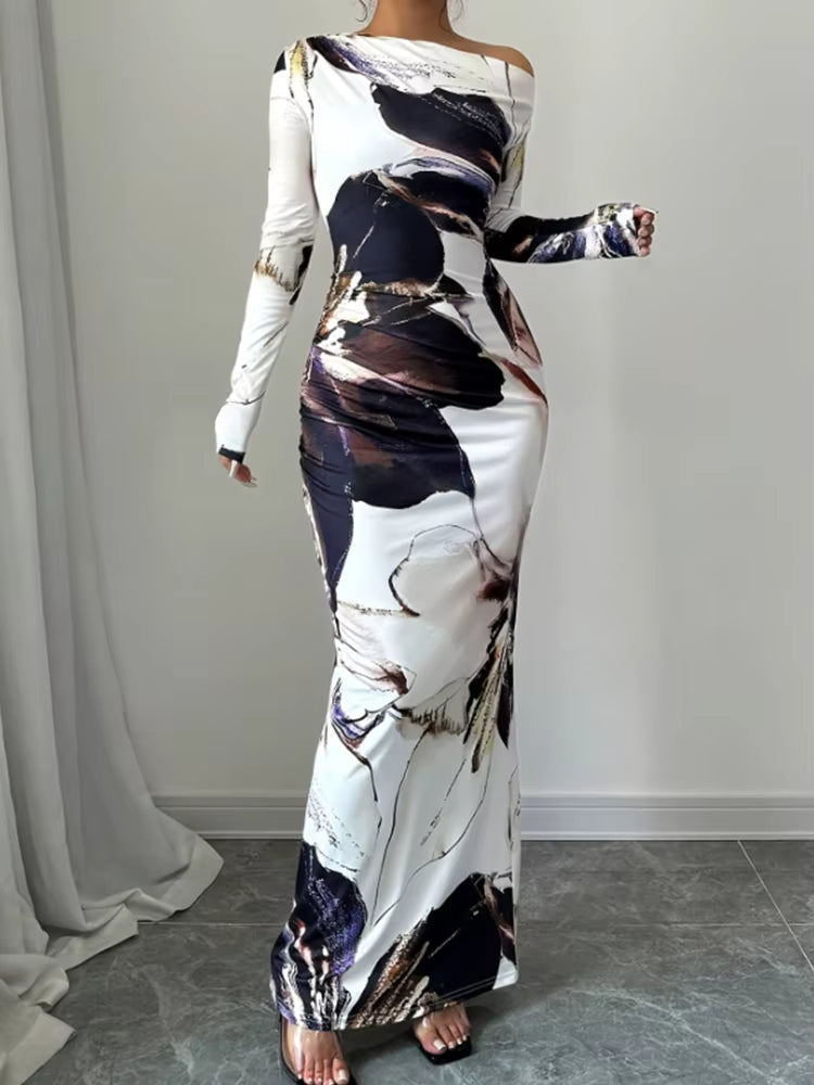 Elegant Slim Fit Printed Slanted Shoulder Long Sleeved Maxi Dress