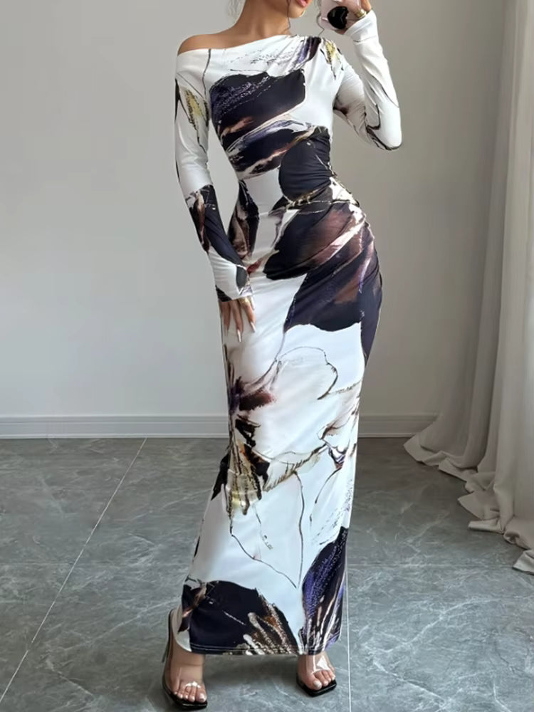 Elegant Slim Fit Printed Slanted Shoulder Long Sleeved Maxi Dress
