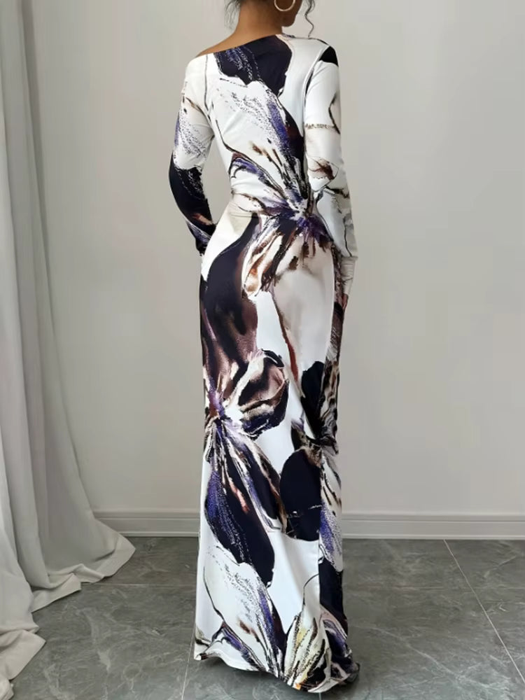 Elegant Slim Fit Printed Slanted Shoulder Long Sleeved Maxi Dress