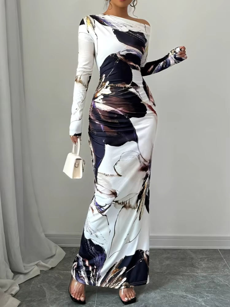Elegant Slim Fit Printed Slanted Shoulder Long Sleeved Maxi Dress