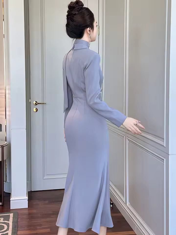 Elegant Slim Mid-Calf Formal Fishtail Long Sleeve Midi Dress