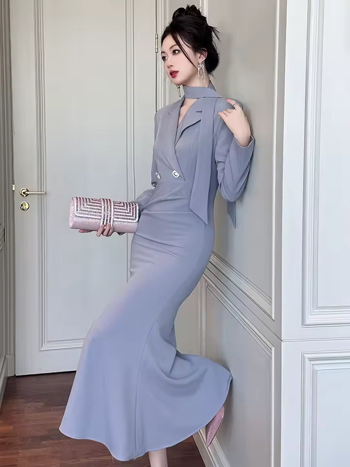 Elegant Slim Mid-Calf Formal Fishtail Long Sleeve Midi Dress