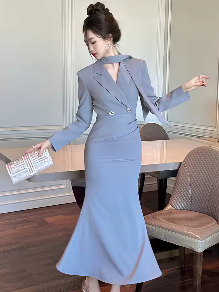 Elegant Slim Mid-Calf Formal Fishtail Long Sleeve Midi Dress