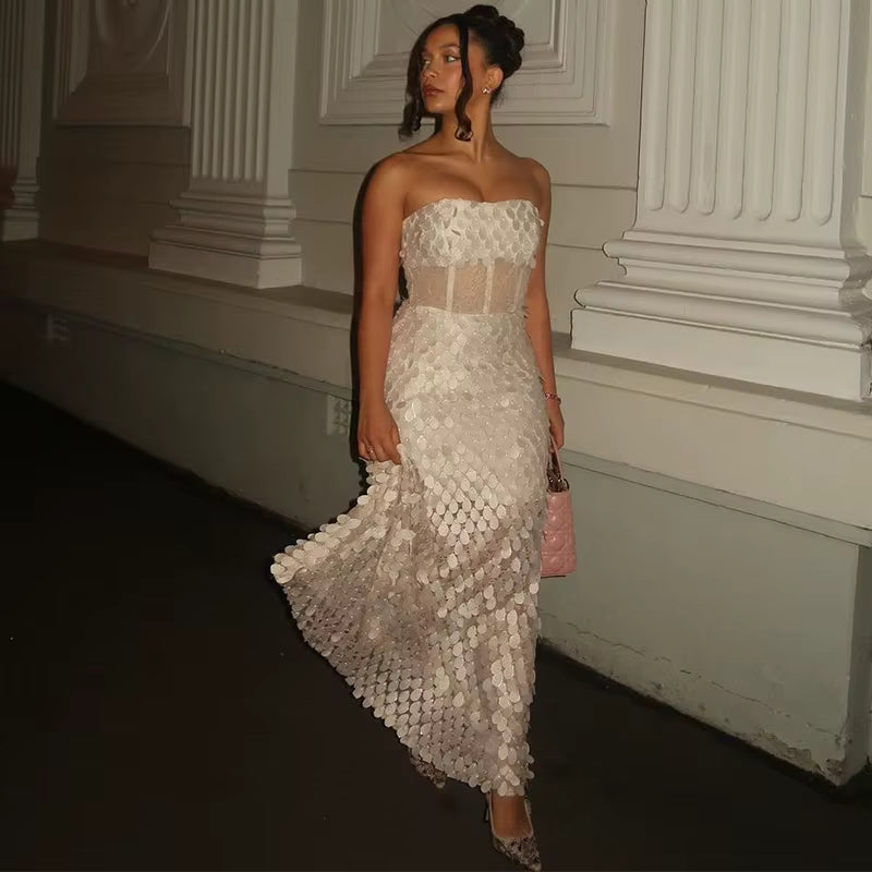 Elegant Slim Tube Top Sleeveless Ankle-Length Backless Spliced Dresses