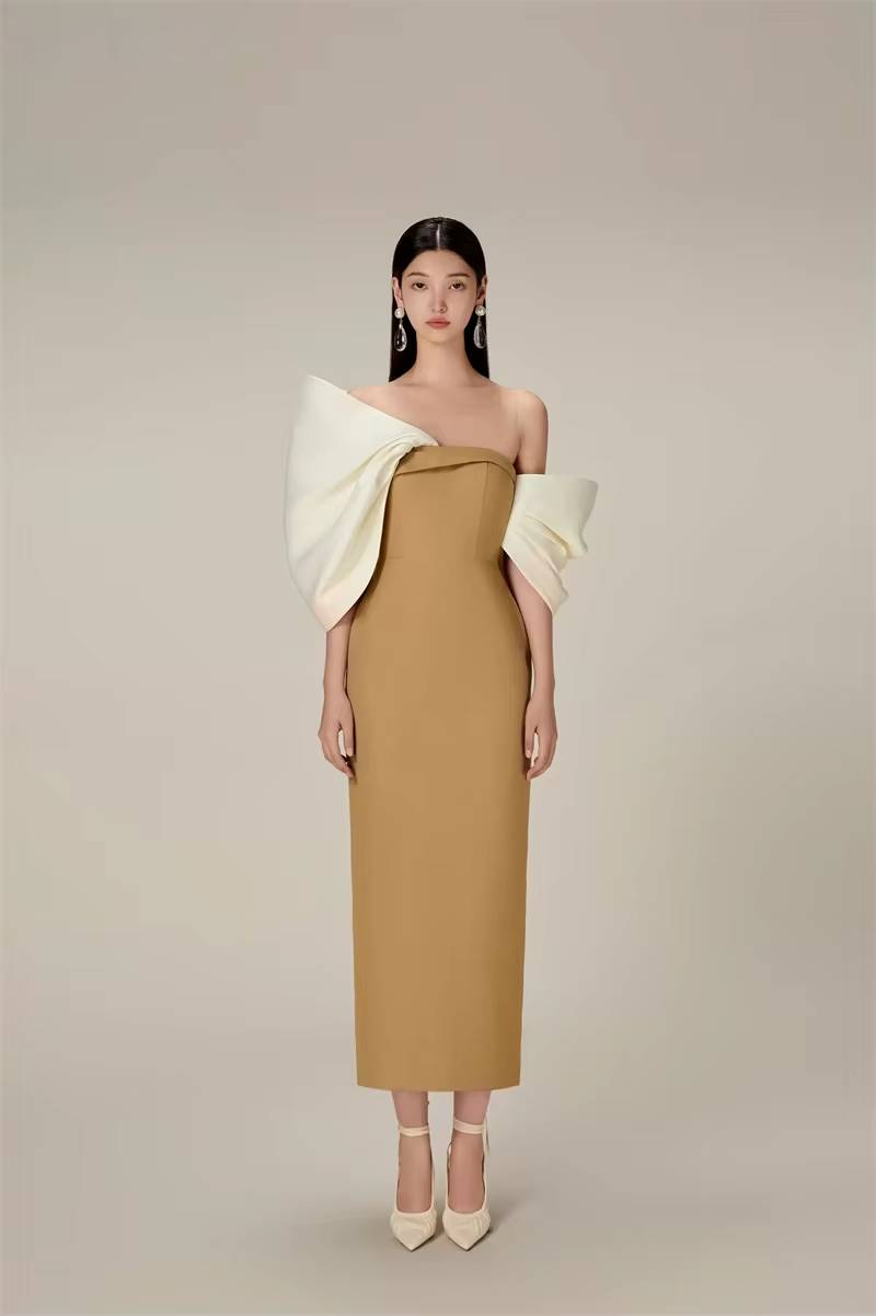 Elegant Slim Waist Backless Patchwork Bow Package Hip Midi Dress