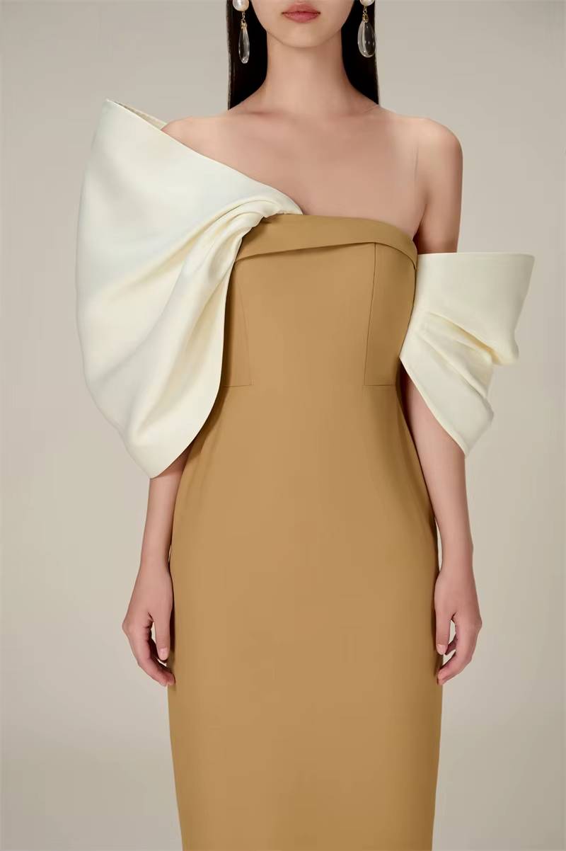 Elegant Slim Waist Backless Patchwork Bow Package Hip Midi Dress