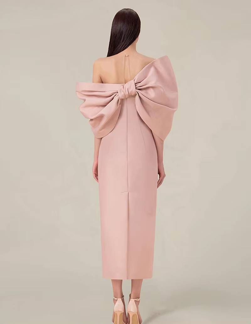 Vintage Slim Waist Backless Patchwork Bow Package Hip Midi Dress
