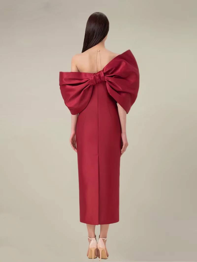Vintage Slim Waist Backless Patchwork Bow Package Hip Midi Dress
