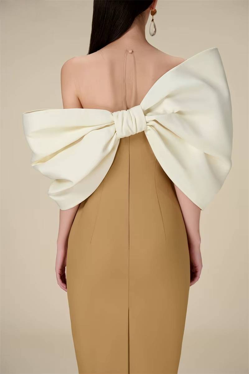 Elegant Slim Waist Backless Patchwork Bow Package Hip Midi Dress