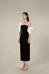 Elegant Slim Waist Backless Patchwork Bow Package Hip Midi Dress