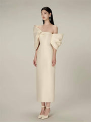 Vintage Slim Waist Backless Patchwork Bow Package Hip Midi Dress