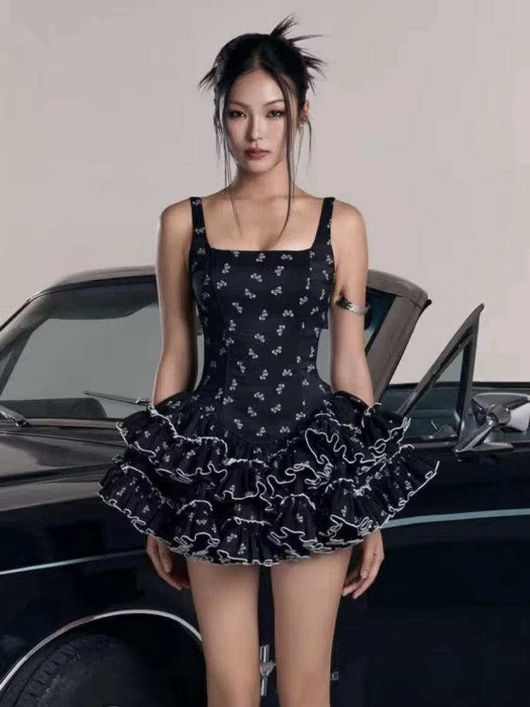Elegant Sling Square Collar Bow Printed Sleeveless Ruffles A-line Mini Dress
