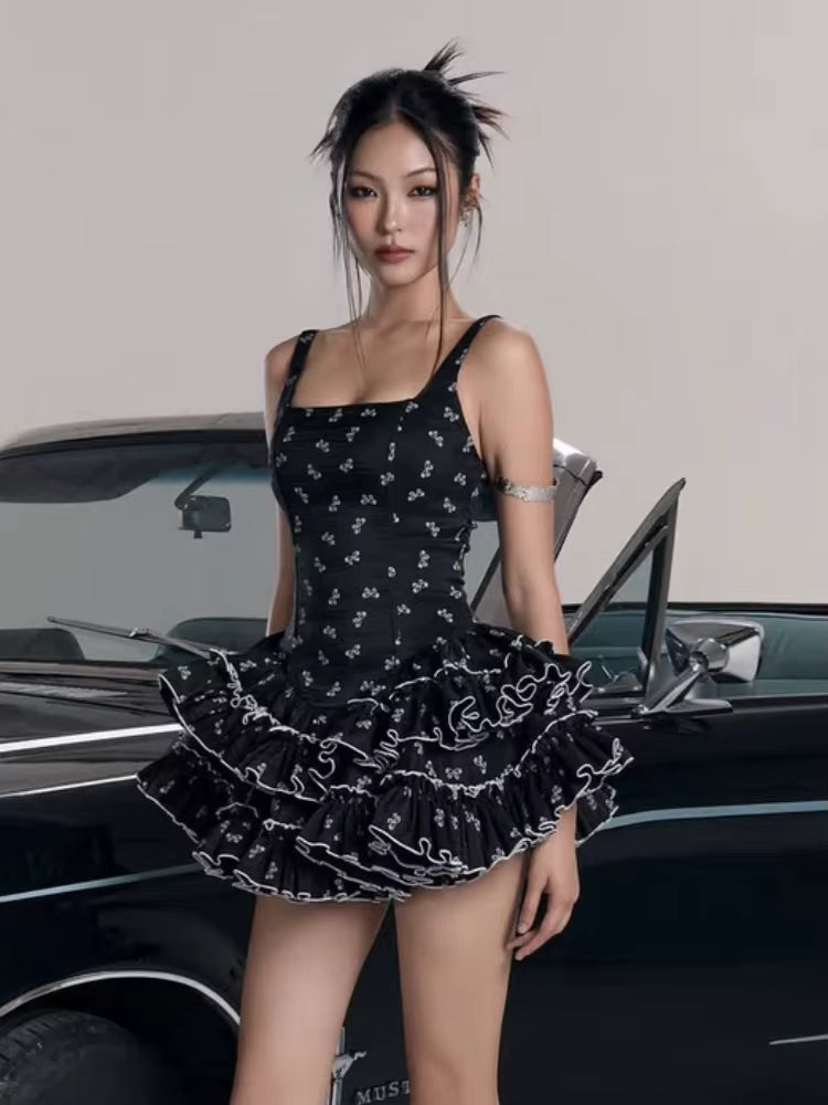 Elegant Sling Square Collar Bow Printed Sleeveless Ruffles A-line Mini Dress