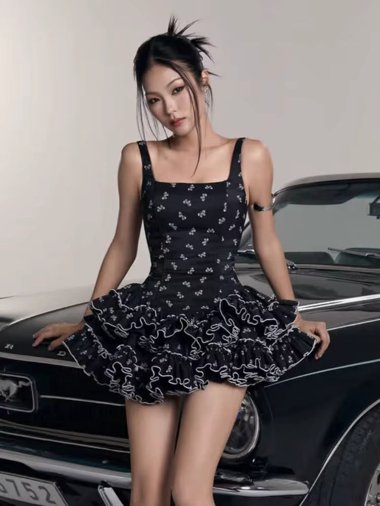 Elegant Sling Square Collar Bow Printed Sleeveless Ruffles A-line Mini Dress