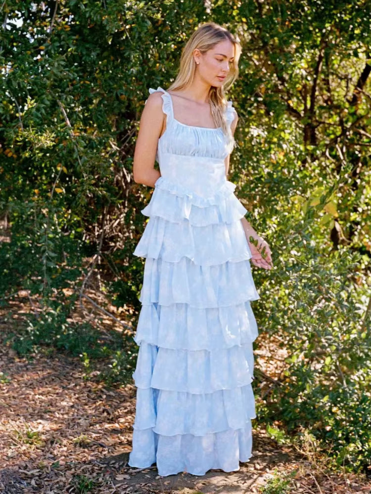 Elegant Sling Square Neck Ruffles Backless Patchwork Folds Printed Maxi Dress