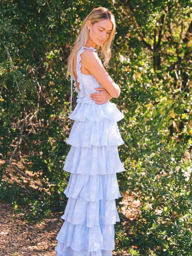 Elegant Sling Square Neck Ruffles Backless Patchwork Folds Printed Maxi Dress