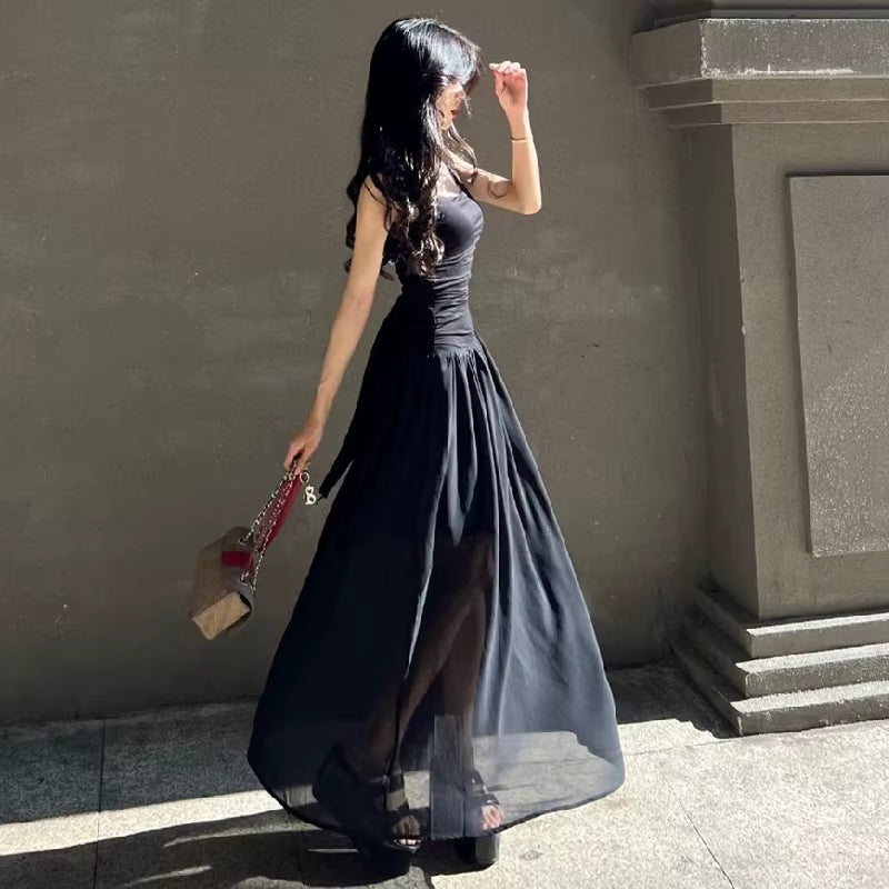 Elegant Slip Temperament High-waist Ruched Bodycon Solid Maxi Dress