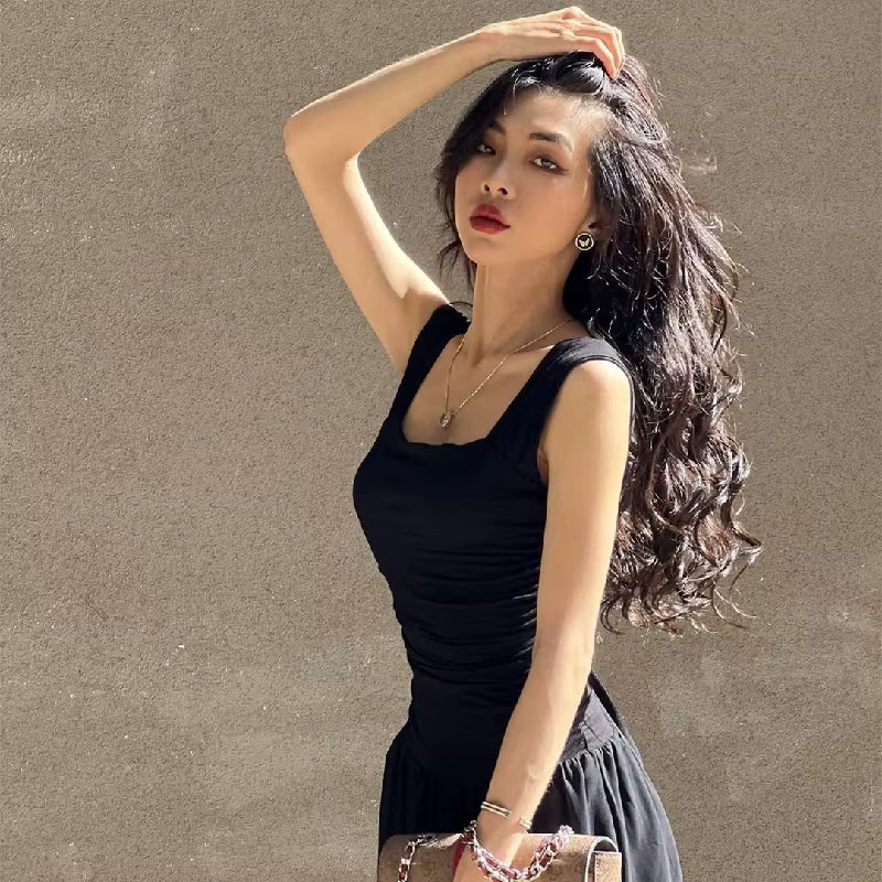 Elegant Slip Temperament High-waist Ruched Bodycon Solid Maxi Dress