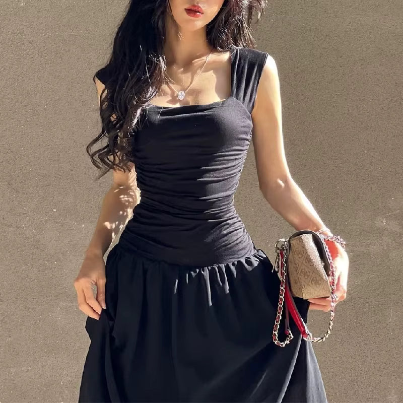 Elegant Slip Temperament High-waist Ruched Bodycon Solid Maxi Dress