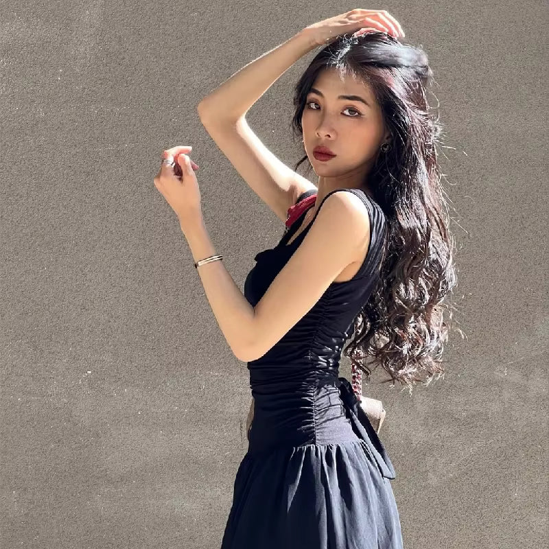 Elegant Slip Temperament High-waist Ruched Bodycon Solid Maxi Dress