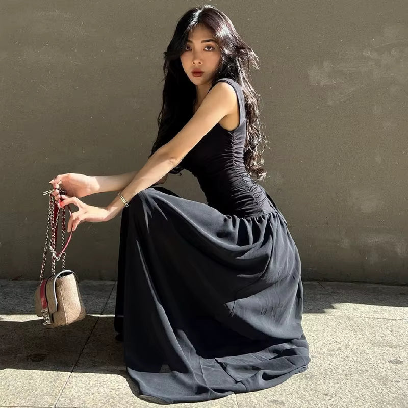 Elegant Slip Temperament High-waist Ruched Bodycon Solid Maxi Dress