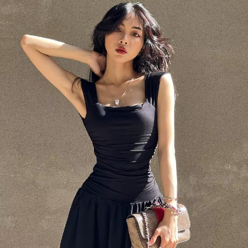 Elegant Slip Temperament High-waist Ruched Bodycon Solid Maxi Dress