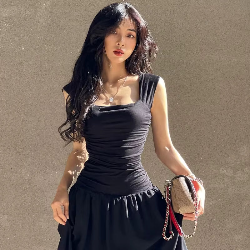 Elegant Slip Temperament High-waist Ruched Bodycon Solid Maxi Dress