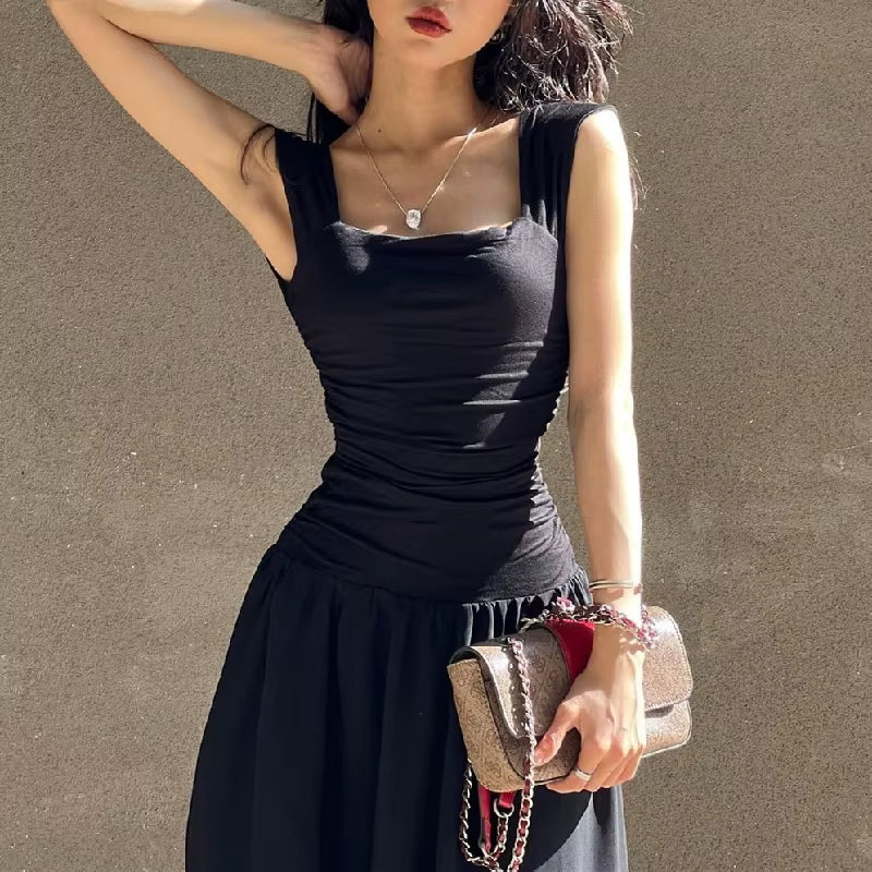 Elegant Slip Temperament High-waist Ruched Bodycon Solid Maxi Dress