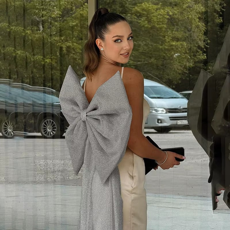 Elegant Slit Smocked Back Cutout Lace Up Satin Sling Dress Bowknot Clothing