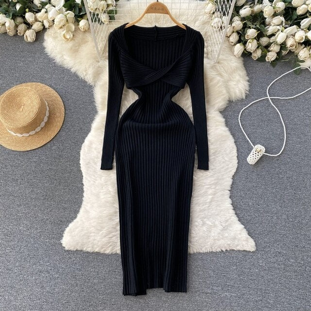 Elegant Solid Casual V Neck Ruche Design Sweater Dresses